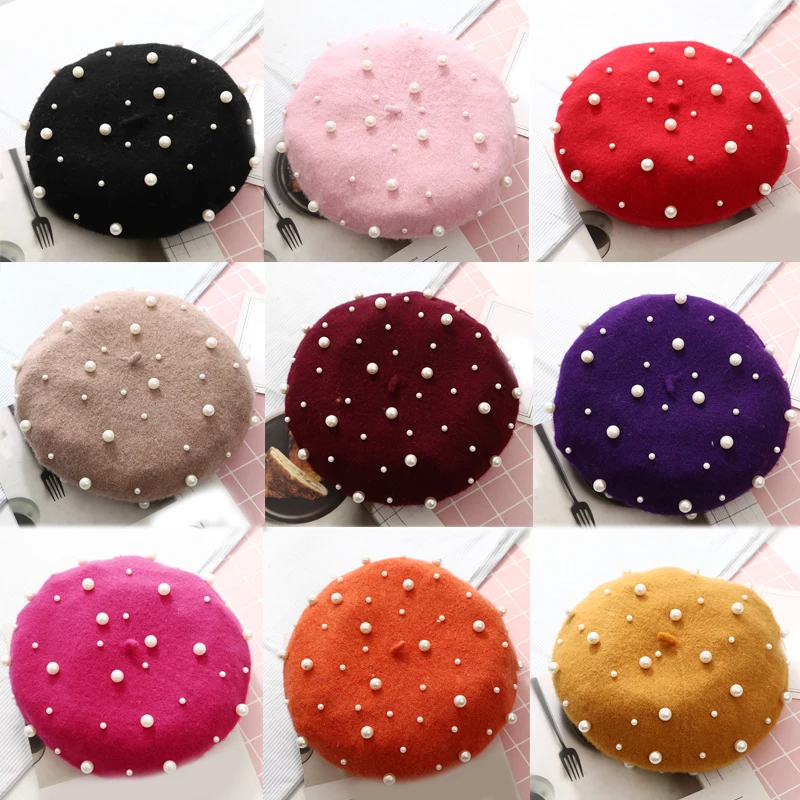 Hot Hats Caps Vintage Warm 2018 New 1PC Fashion Womens Wool Autumn Cashmere Female Luxury Pearl Winter Hot Hats Caps Vintage Warm 2018 New 1PC Fashion Womens Wool Autumn Cashmere Female Luxury Pearl Winter