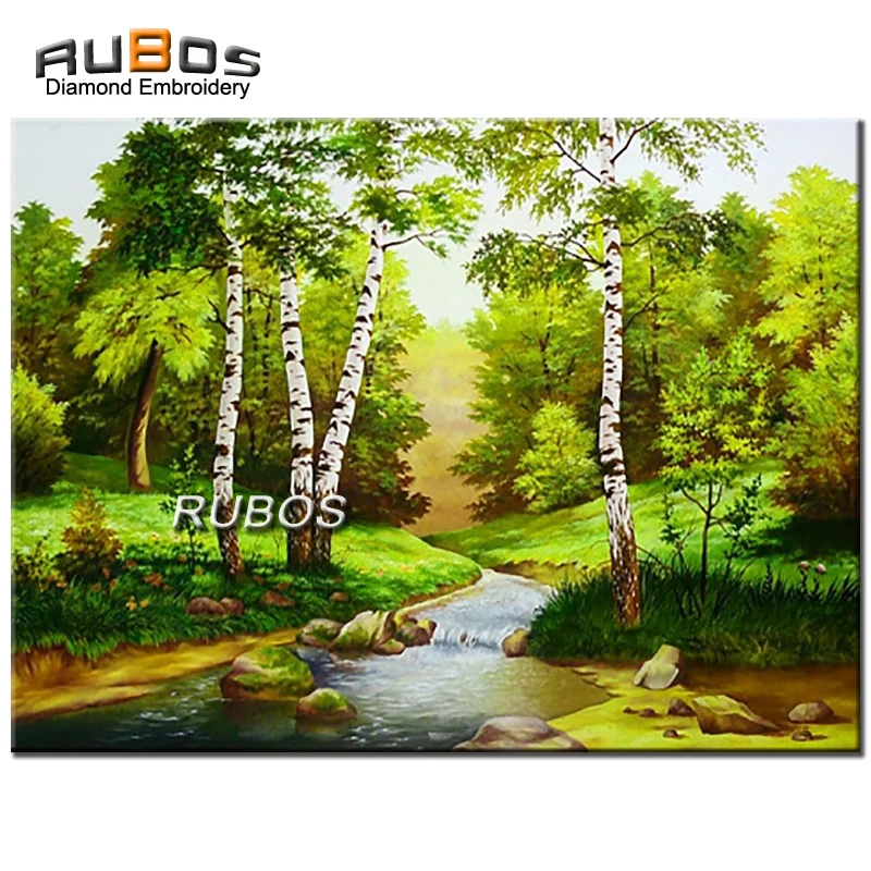 RUBOS DIY 5D Brook among the birches needlework diamond embroidery diamond painting diamond mosaic Rubik's Cube complete sticker (1)