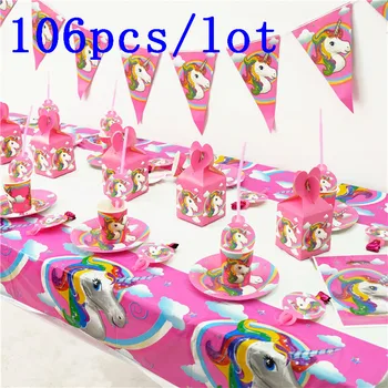 

106Pcs/Lot Kids Favor Unicorn Theme Paper Tableware Sets Baby Shower Birthday Cup Plate Horns Decoration Wedding Event Supply