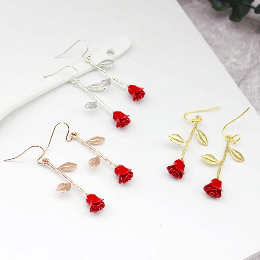 

Hot Fashion Bijoux Long Earrings Red Roses Pendants Flower Drop Earrings For Women Jewelry