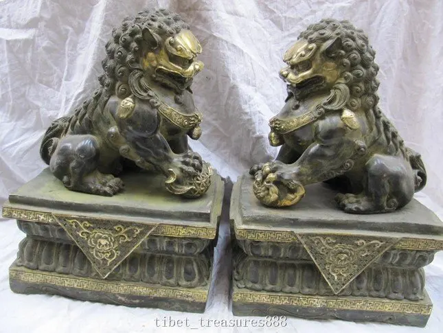 

heavy bronze gold sculpture exorcise evil spirits pair fu foo dog lion guard
