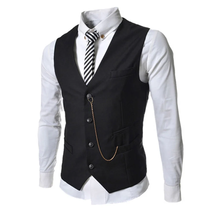 Free Shipping 2017 New Men's Suit Vest Metal Chain V necke Slim Fit