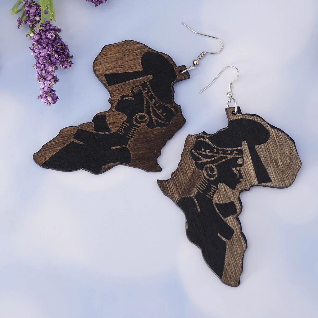 MagiDeal Chic Wooden African Map Women Figure Earrings India Lady Tribe Hook Earring