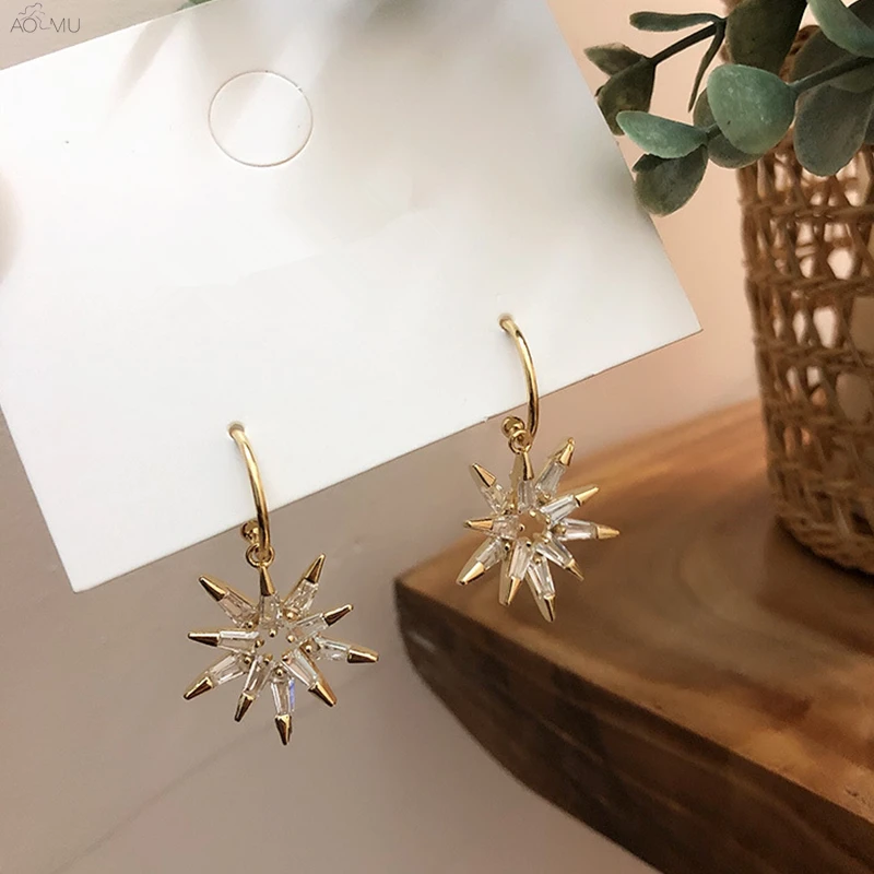 

AOMU 925 Sterling Silver Pin Geometric Astral Sun Crystal Rhinestone Big Hoop Earring For Women Gold Metal Trendy Party Jewelry