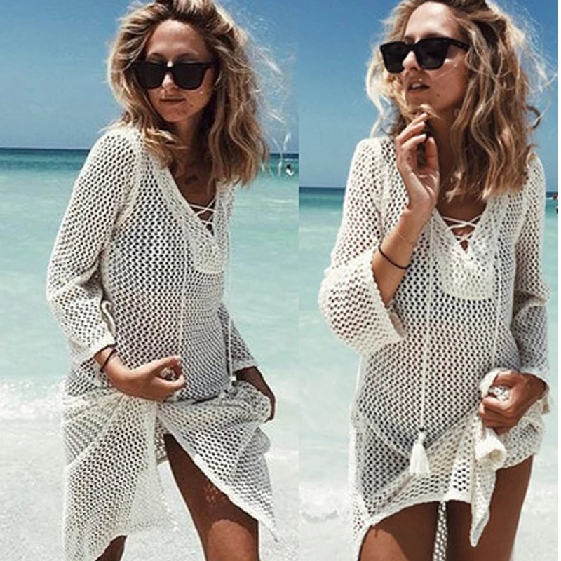 

Summer Swimwear Women Beach Dress Tunic Pareos For Women Skirt Knitting Hollow Bandage Longa Kaftan Pareo Beach Cover Up Badpak