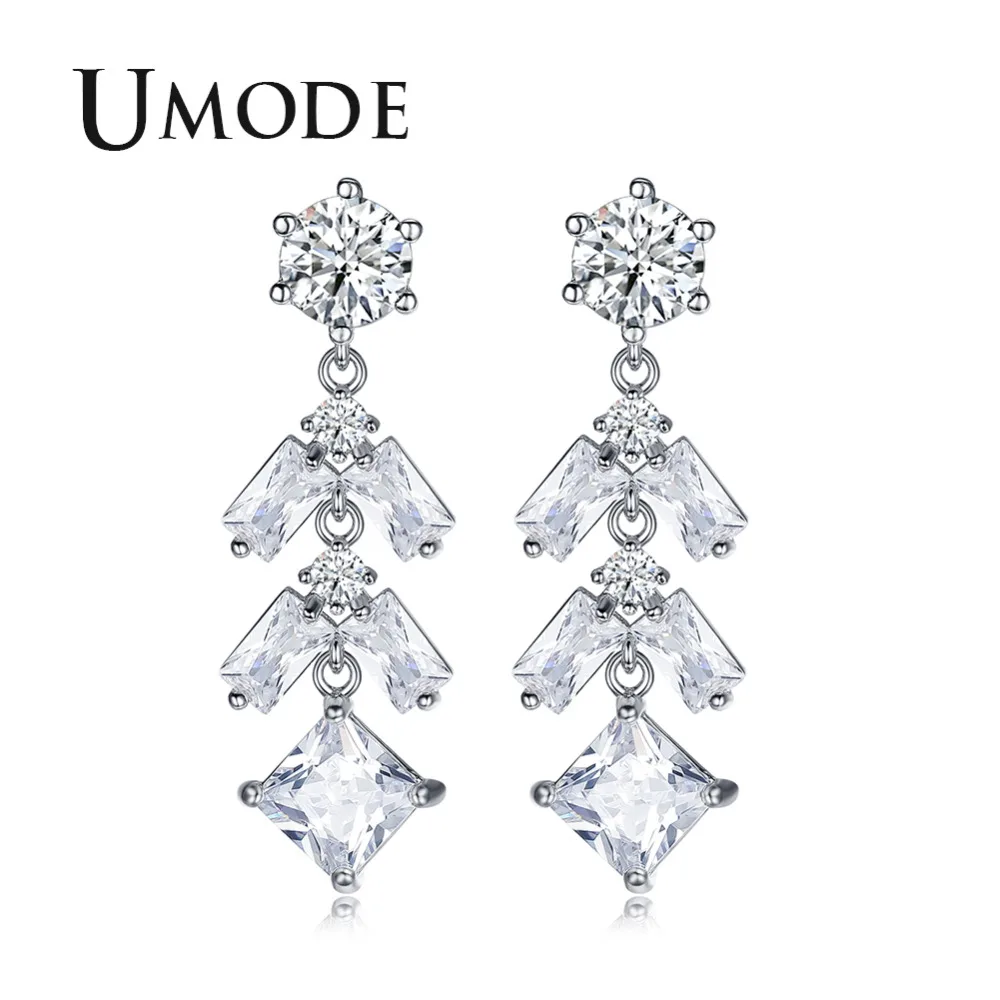 

UMODE Fashion Clear Square CZ Dangling Earrings for Women Cute Flower White Gold Color Round Earrings Boucle D'Oreille AUE0365