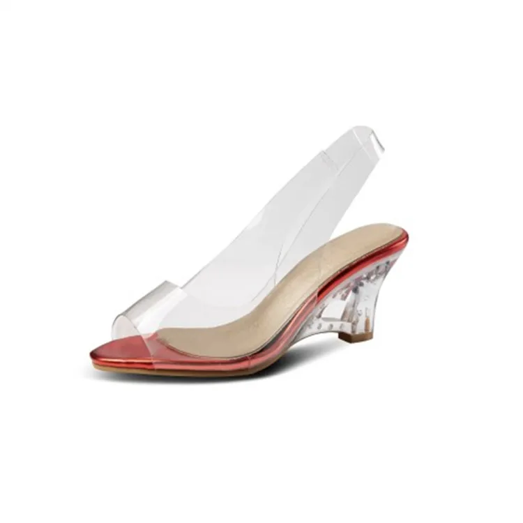 Женские босоножки модные однотонные открытый носок мелкой Slip-On обратно ремешок клинья каблуки с узором прозрачная обувь золото зеленый красный серебряные каблуки