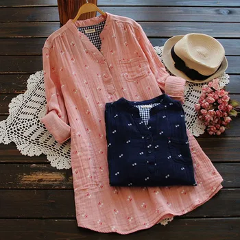 

Spring Autumn Casual Loose Floral Printed Shirt Women Mori Girl Button V Neck Cotton Long Sleeved Soft Female Blouses Blusa U560