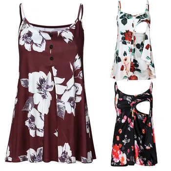 

Breastfeeding Clothes Women Pregnant Sleeveless Straps Ruffles Floral Print Tops Cotton Nursing Shirts Lactancia Ropa Plus Size