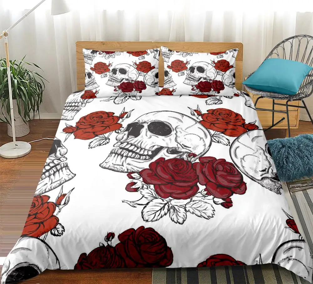 

White Skull Bedding Set Roses Duvet Cover With Pillowcases Floral Printed Red Gothic Home Textiles 3pcs Bedclothes