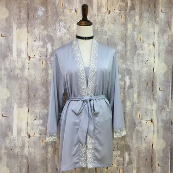 

Summer Silk Sleepwear Spaghetti 3 Piece Pajama Set Women Bathrobe Sexy Lace Nightwear Home Clothes For Ladies Female