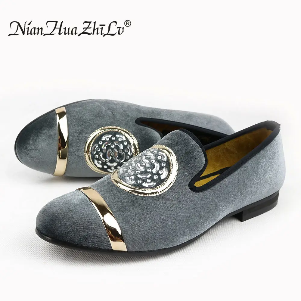 New Fashion Men Velvet Dress Loafers men's classic Casual Shoes Gold Top and Metal Toe Handmade luxurious flats