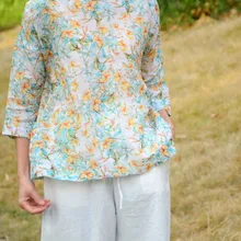 Летние милые дамы цветочные три четверти рукав чистый рами льняная футболка, белый цветочный принт дышащие легкие женские футболки