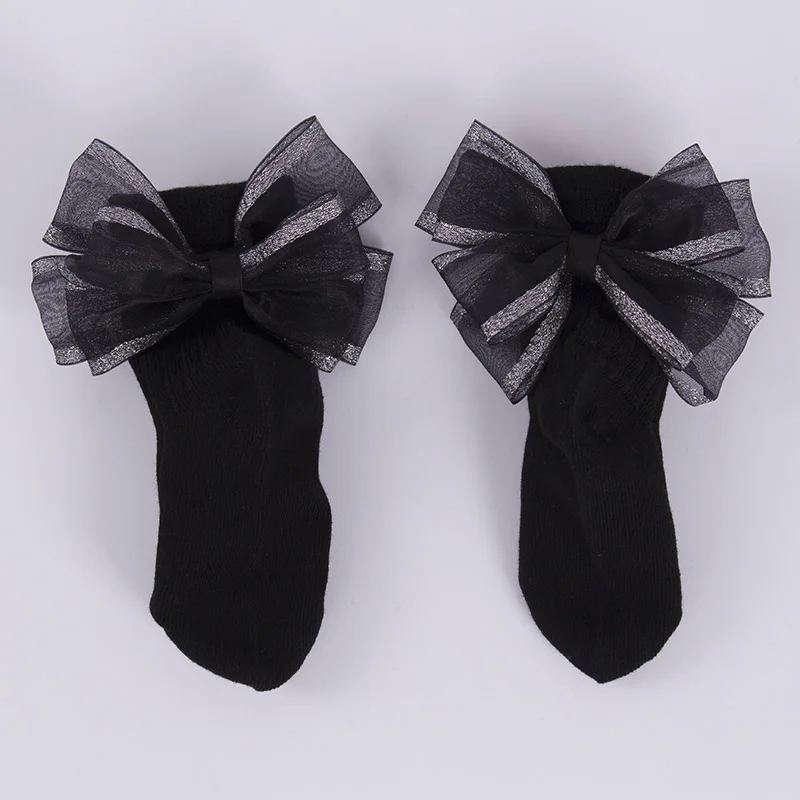 Новые детские носки для девочек, носки с бантиками для младенцев, хлопковые носки до лодыжки, носки для маленьких девочек, носки принцессы - Цвет: Black Black Silk Bow