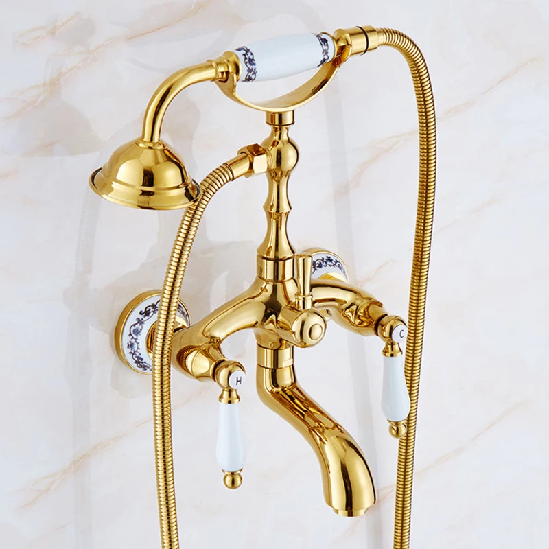 

2 Styles European Gold Bathroom Faucet Water Mixing Valve Copper Bathtub Faucet Shower Set Wall Mounted Phone Handle Shower