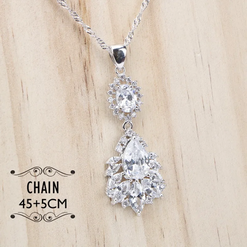 

925 Stamped Water Drop Shaped Silver Chain Necklace Pendant for Women Red/Black/Green/Blue/W Cubic Zirconia Jewelry