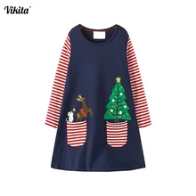 VIKITA/брендовая Рождественская Одежда для маленьких девочек; осенне-зимние платья с длинными рукавами для девочек; детские костюмы с героями мультфильмов; одежда для детей