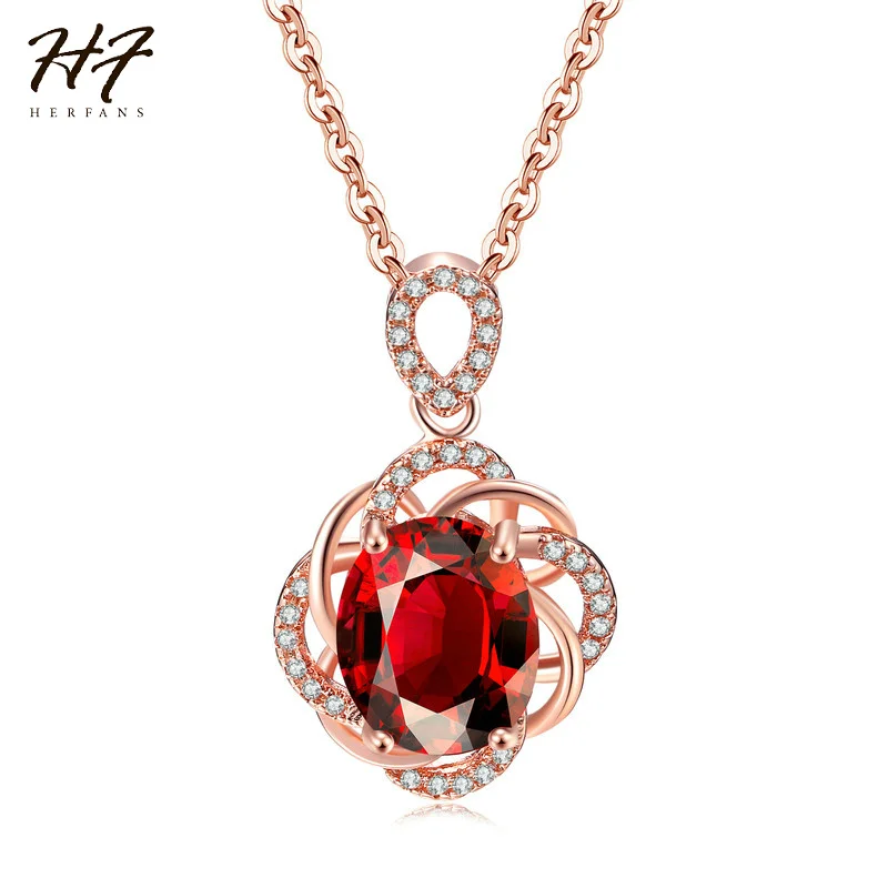 

New Rose Gold Color Flower Sharped Oval Red CZ Cubic Zirconia Pendant Cocktail Necklace Fashion Jewelry for Women Wholesale N615