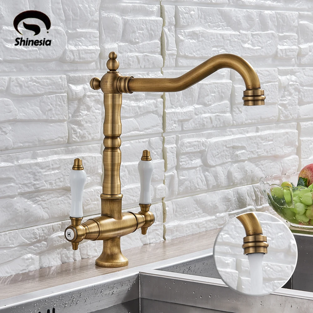 Antique Brass Kitchen Faucet Water saving Sprayer Mixer ...