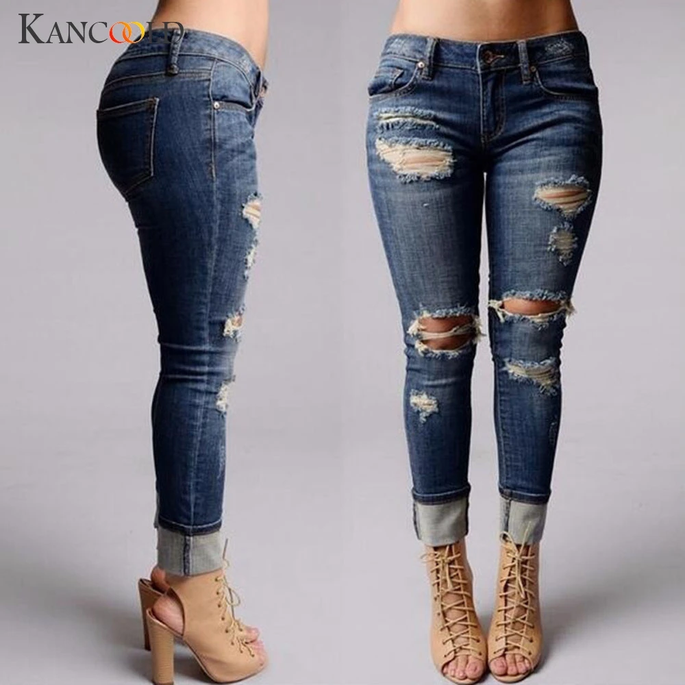 

KANCOOLD jeans Women fashion sexy Mid Waisted Skinny Hole Denim Jeans Stretch Slim Pants Calf Length jeans woman 2018Oct24