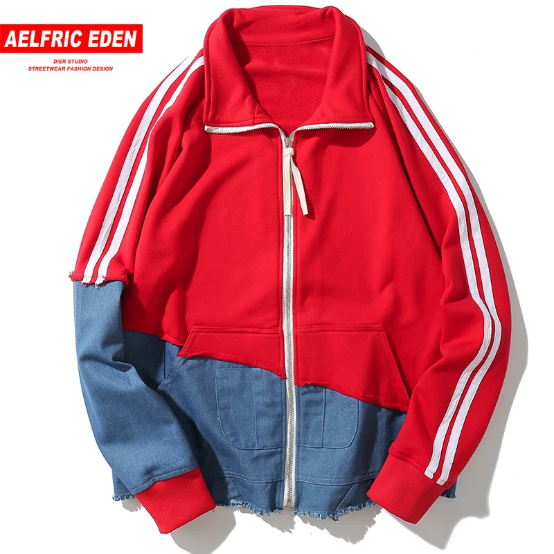 

Aelfric Eden Full Zip Denim Jean Jackets Coats Male High Street Color Block Fashion Streetwear Men Preppy Style Red Outwear KJ44