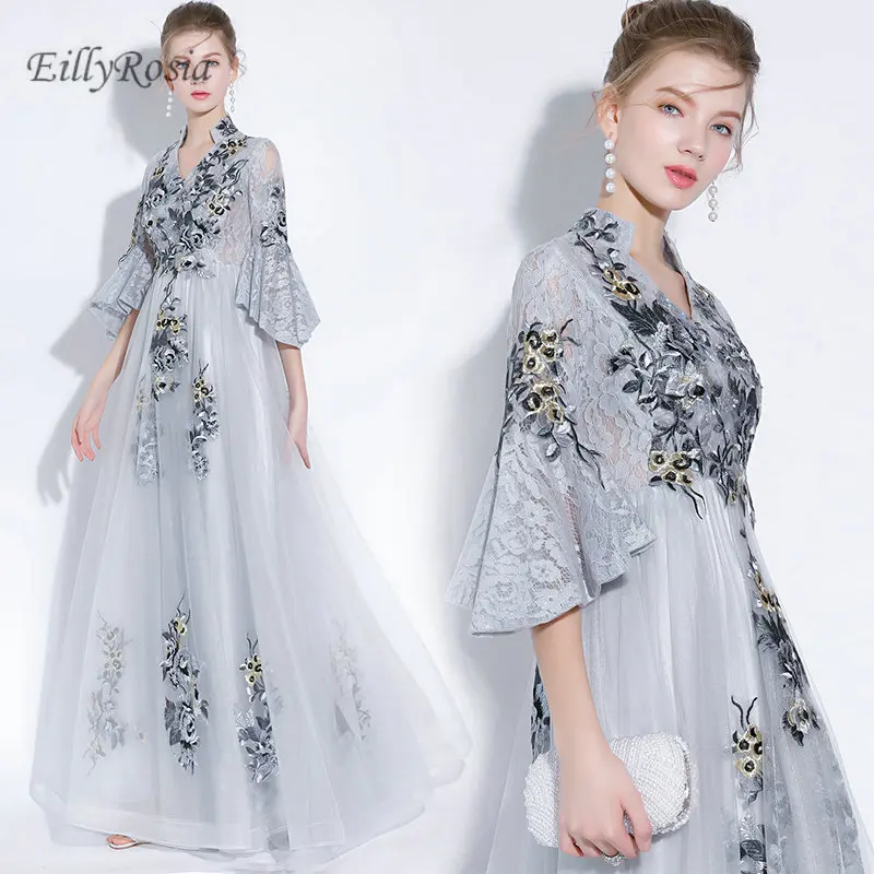 

Lace Silver Mother of the Bride Dresses for Wedding Guest Embroidery Tulle Juliet Sleeve Elegant Evening Party Gowns robe de bal