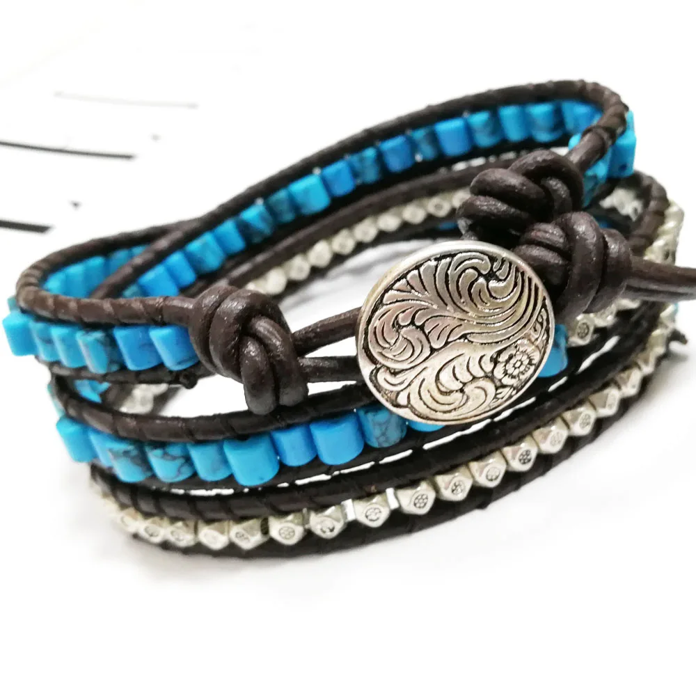 

Yuteng 3 Row Natural Stone Handmade Leather Wrap Bracelet Genuine Leather 4mm Blue Turquoises Cuff Bracelet Unisex LL8254