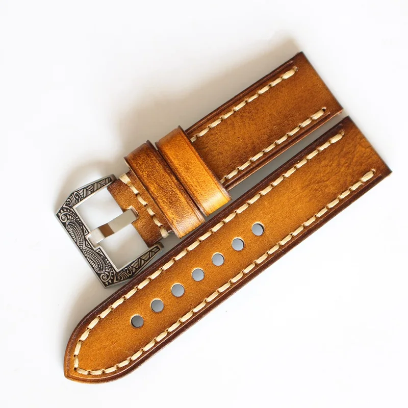 

LUKENI Handemade 20mm 22mm 24mm Oil Yellow Retro Vintage Genuine leather Watchbands For PAM PAM111 Big Pilot watch Strap Belt