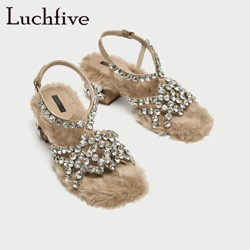 

Luchfive 2018 New Arrival Feather Crystal Buckle Strap Open Toe Woman Sandals Low heel Jeweled Faux Fur Crystal High Heels Shoes