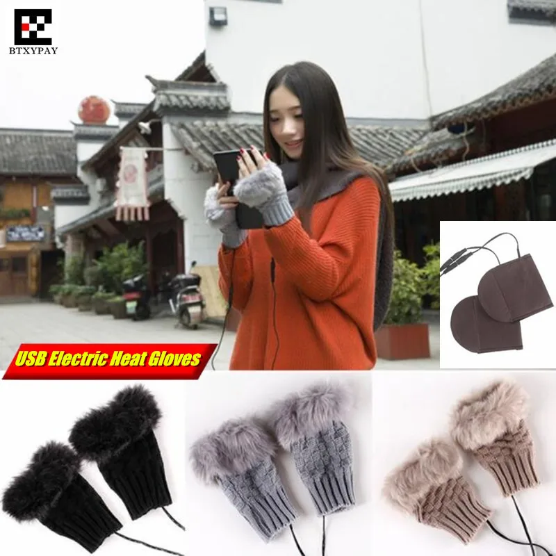 Heat Chip and Gloves are Separate 1Pair Grey Unisex Knitting Plush Winter Fingerless USB Powered Laptop Computer Glove Heating Hands Warm Half Finger Gloves Heated Warmer Mitten