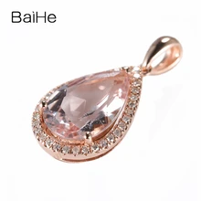 BAIHE SI/ч Природные Алмазы сплошной 14 k, покрыто розовым золотом(AU585) Подвеска 12X8 мм Груша натуральная морганитом, подарок, изящное ювелирное изделие, подвеска
