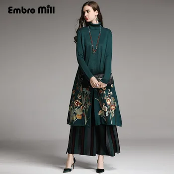 

Women suit set royal Wide leg pants + loose wool embroidery floral open stitch knit coat