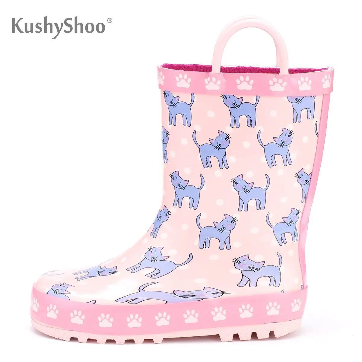 

KushyShoo Wellies for Children Waterproof Rubber Lovely Cat Printed Rainboots with Handles Non-slip Water Shoes Rain Boots Kids