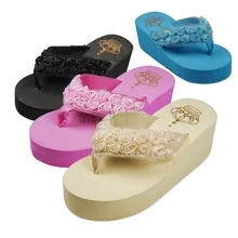 2016 Women Sandals handmade rose Flowers Wedges Summer Sandals Women platform Trifle Beach Flip Flops Women Shoes ALF173