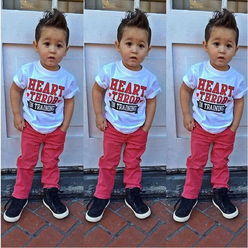 Fashion summer toddler boy short sleeve print t shirt white+ jeans red children clothing set kids clothes boys outfit DY118B