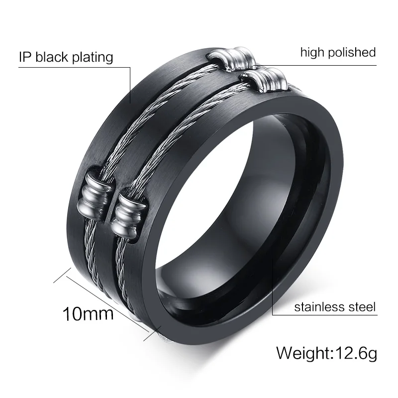 Vnox Men's Black Ring Stainless Steel Cool Wire Rings For Male Boy Punk Rock