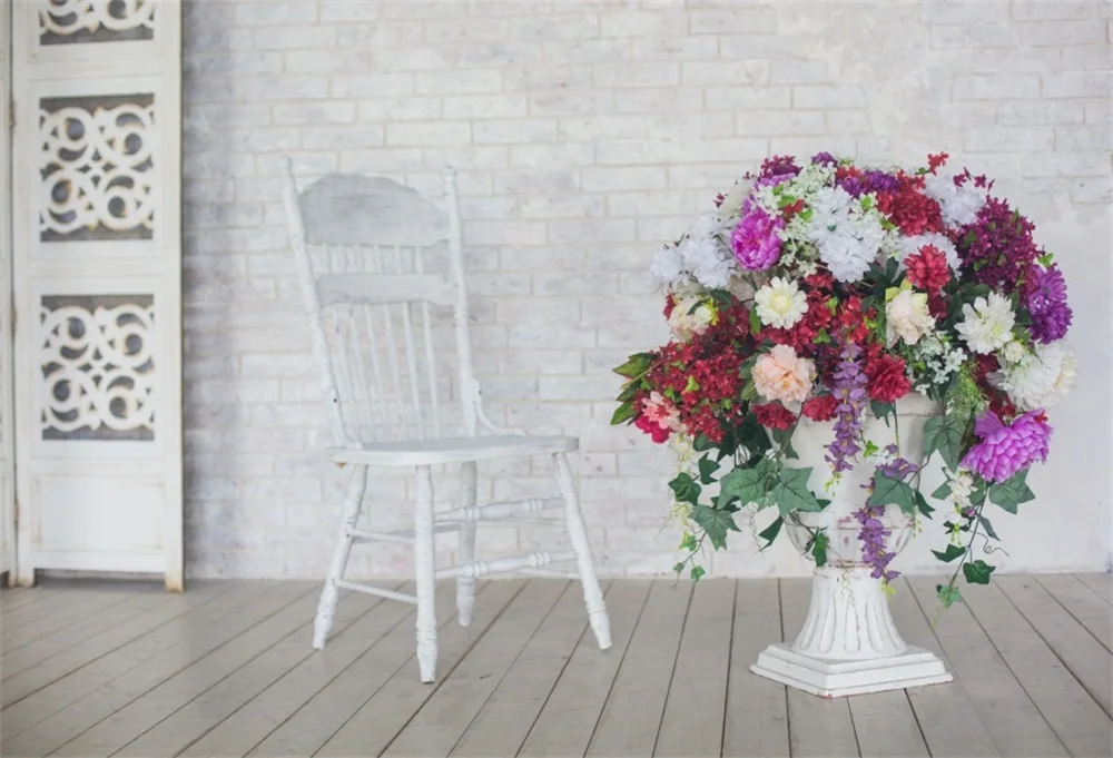 

Laeacco Flowers Vase Chair Brick Wall Interior Photography Backgrounds Customized Photographic Backdrops For Photo Studio