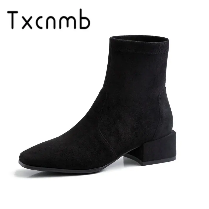 

TXCNMB Boots Women Cow Suede Ankle Boots Square Heels Autumn Winter Short Ladies Shoes Woman Basic Chelsea Boots