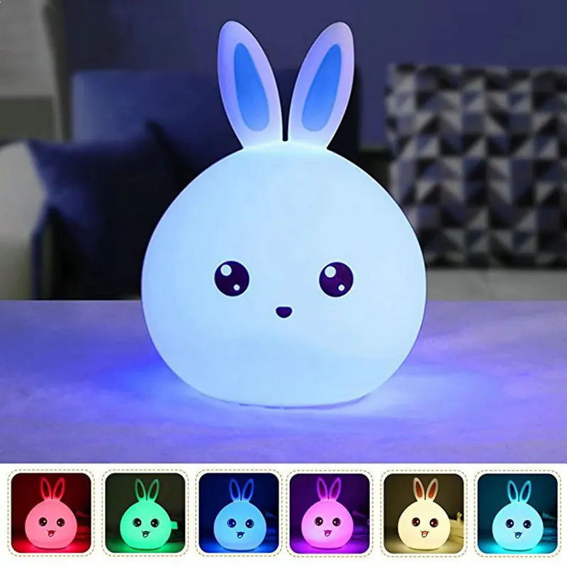 Cute Rabbit Multicolor Silicone Baby Nursery Lamp Touch Sensor Tap Control USB Rechargeable Kids Toy LED Table Night Bunny Light