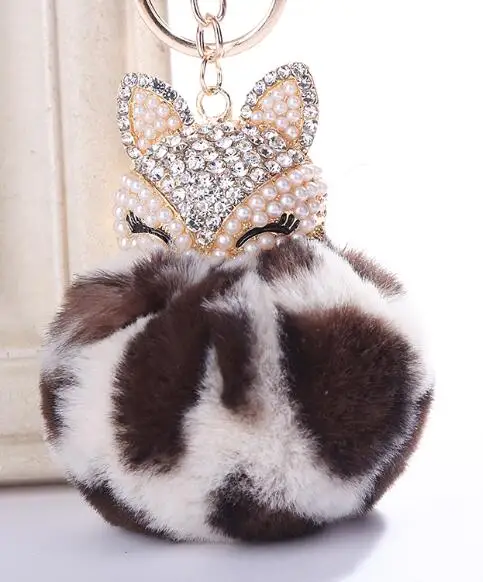 

Fluffy Fox Keychain Leopard print Pompom Car Keychain Fake Fox Fur Keychain Ball Crystal Rhinestone Fur Key Chain Cool gifts