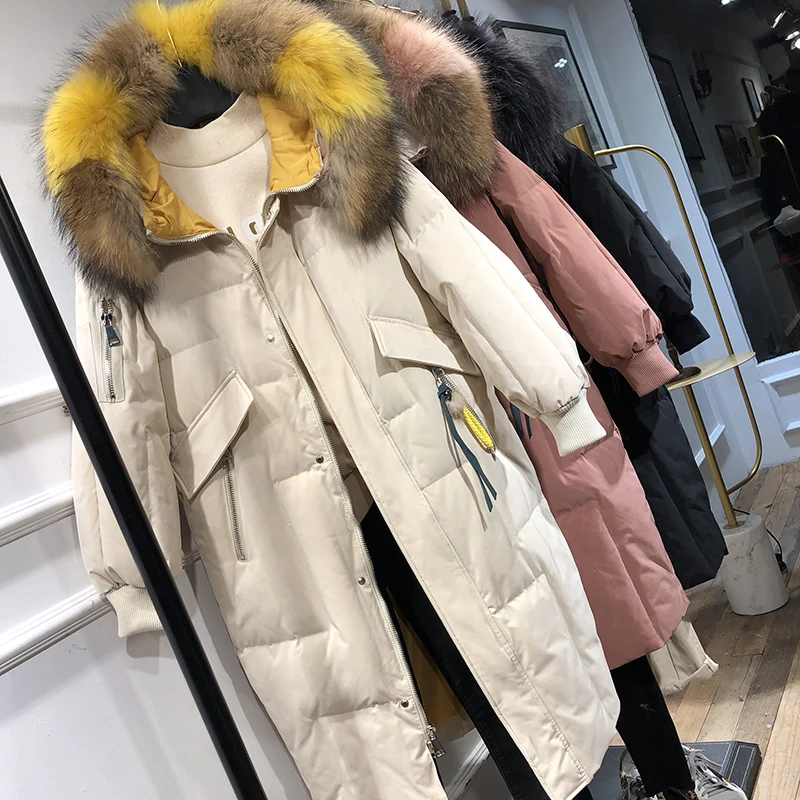 

Fitaylor Winter Women Down Coat Real Raccoon Fur Hooded Parkas Meidum Long Snow Jackets White Duck Down Outwear