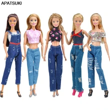 1 комплект, модная одежда для куклы Барби, короткий топ и джинсовые штаны, брюки, одежда ручной работы для кукольного домика Барби 1/6, аксессуары для кукол