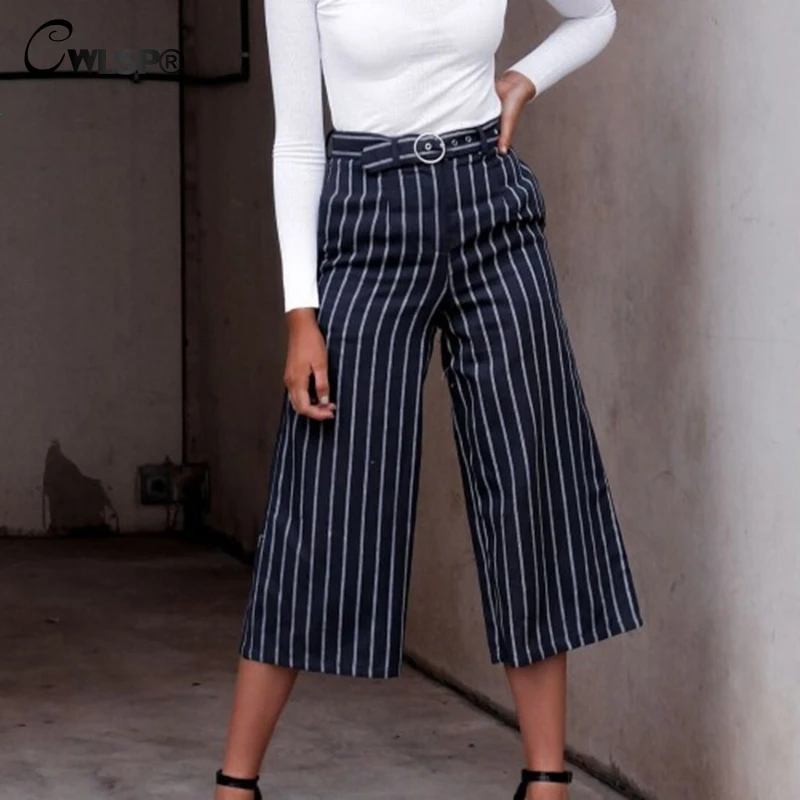 

CWLSP 2 colors fashion Lady Solid Casual Loose Pants Women Casual Full Length Frill Trousers female Pants striped QZ2873