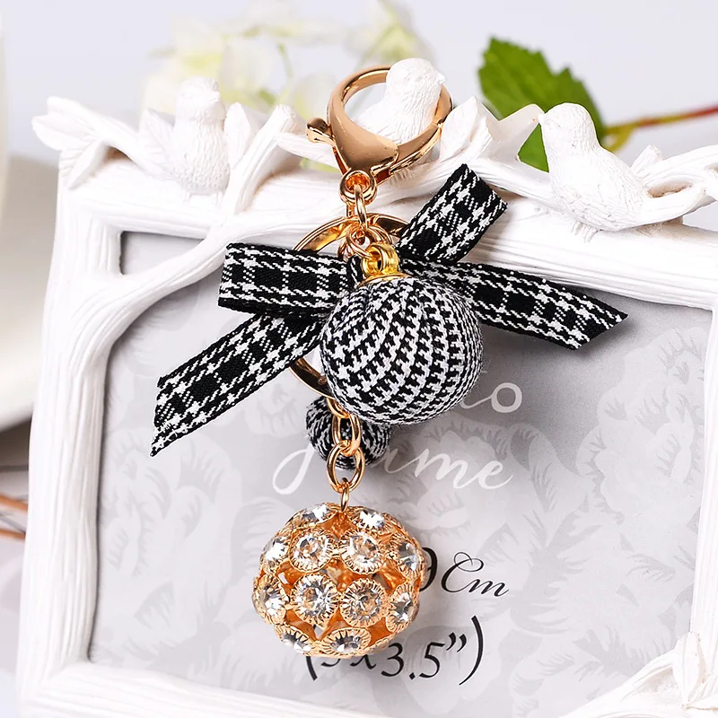 Cloth Bow Key Chain Metal Hollow Ball Crystal Keyring Bag Buckle