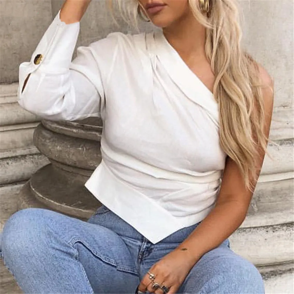 Белая женская рубашка на одно плечо летние топы блузка Blusa повседневные пляжные