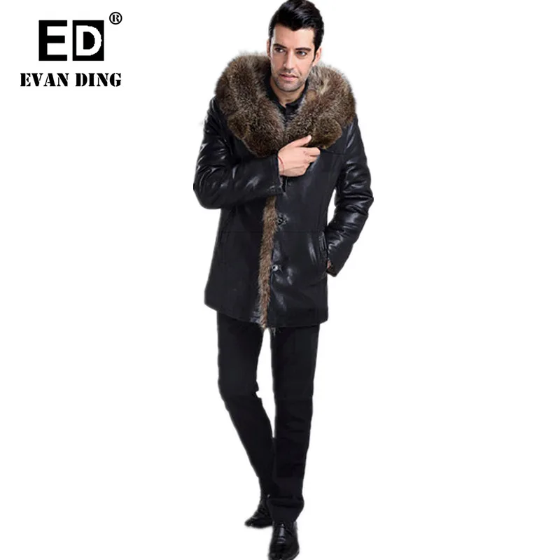 Winter Real Fur Lined Washed Leather Jackets Men With Fur Collar Black