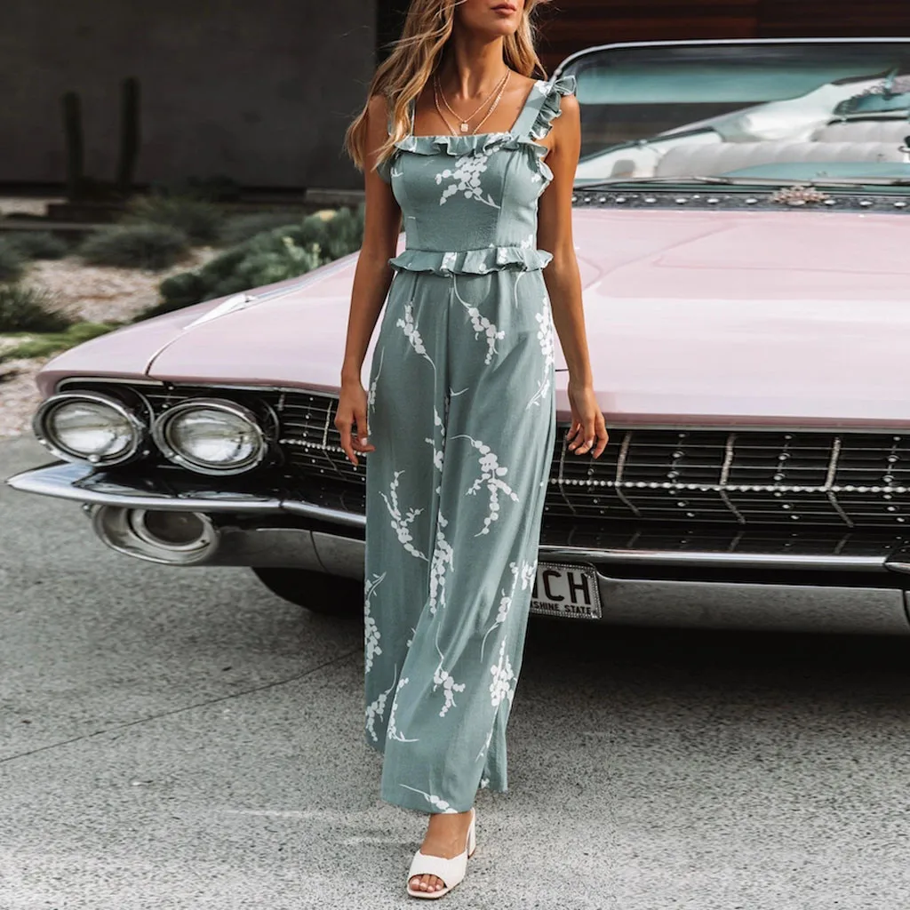 DOUDOULU Fashion Women Print Ruffled Ladies Casual Sleeveless Women's Clothing Rompers Playsuit Long Jumpsuit #CL30