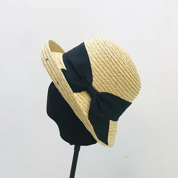 

2019 summer female elegant retro Raffia grass curling bow fisherman hat basin cap beach holiday straw hat beach hats women