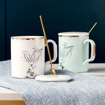 

Creative gold edge Mermaid mug with spoon lid,Juice Lemon mugs lovers cup Flower Tea Set Coffee Cups,Water Drinkware Gifts