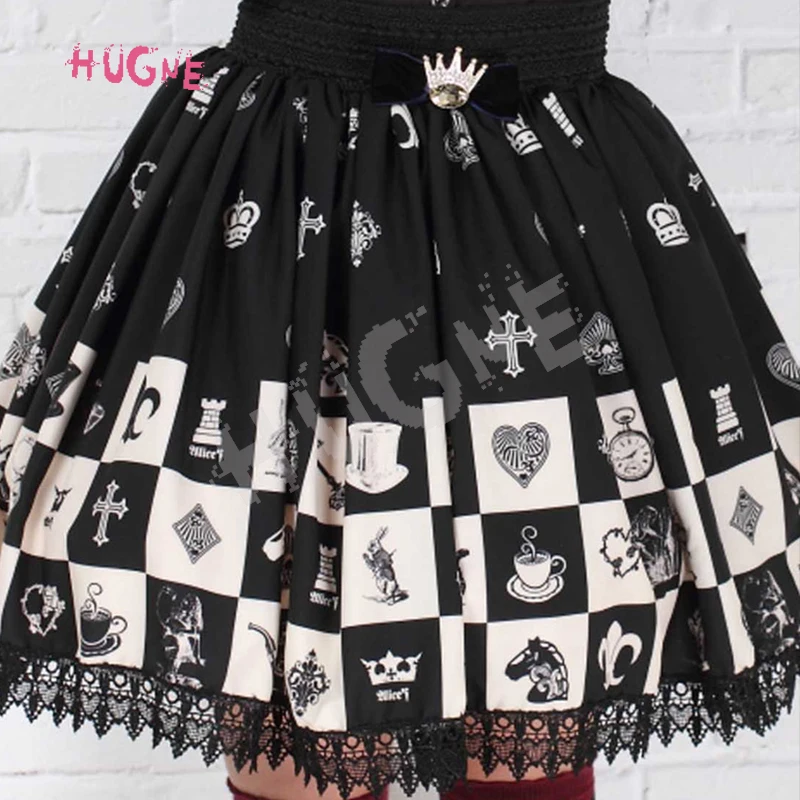 Gothic-Elastic-Waist-Skater-Skirt-Sweet-Checkered-Plaid-Kawaii-Black-Lace-Short-Lolita-Skirts9